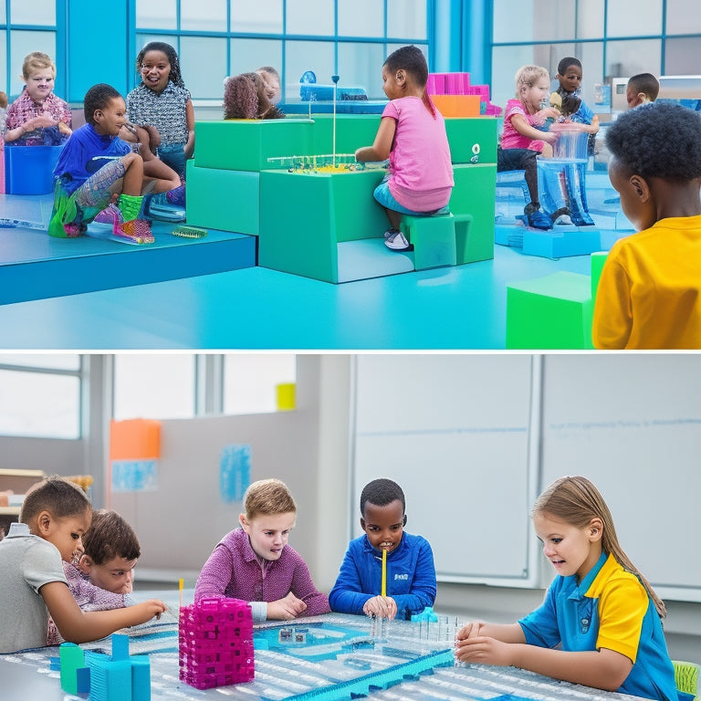 A vibrant, futuristic classroom with diverse students aged 8-12 engaged in hands-on STEM activities: building robotic creatures, conducting chemistry experiments, and coding on tablets amidst colorful blocks and 3D models.