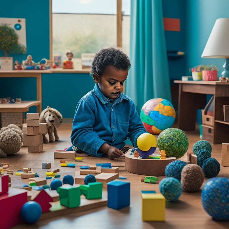 A colorful, clutter-free classroom scene with a 5-year-old child surrounded by various Montessori materials, such as wooden blocks, puzzle pieces, and a globe, all arranged in an inviting and organized manner.