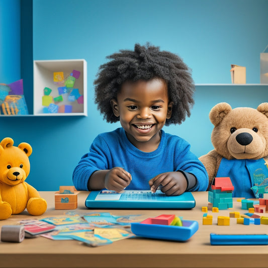 A colorful illustration of a smiling child sitting at a desk, surrounded by math-related objects, such as blocks, counting bears, and a tablet with a math app open, amidst a subtle background of mathematical symbols.