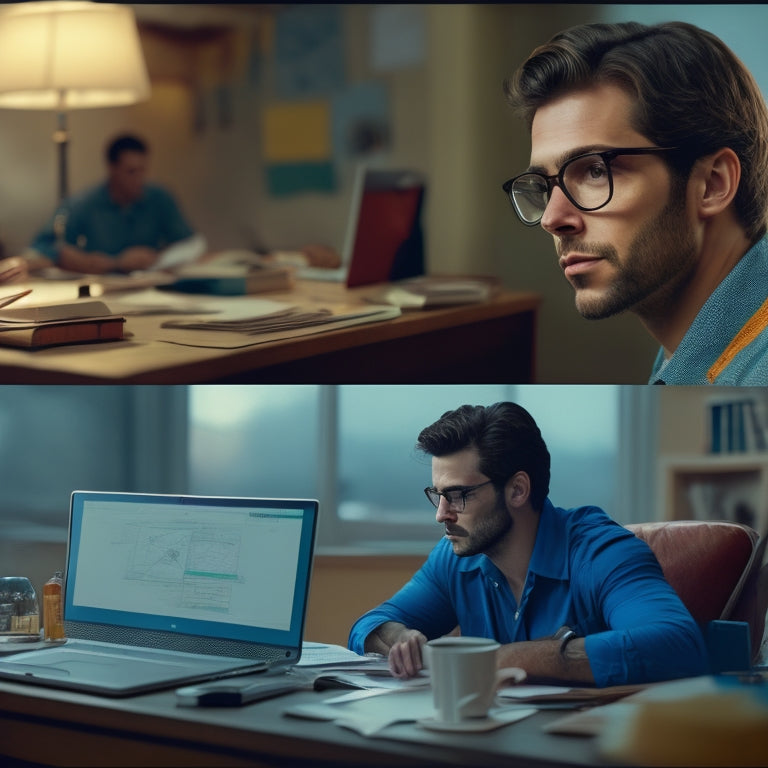 A split-screen image featuring a person sitting in front of a laptop with a confident expression on the left, and a messy, cluttered desk with scattered math notes and pencils on the right.