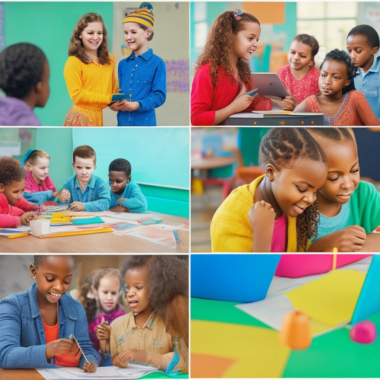 A colorful, lively classroom scene with diverse students aged 8-12, actively participating in a lesson, using tablets, colorful pens, and worksheets, surrounded by inspiring posters and a smiling teacher.