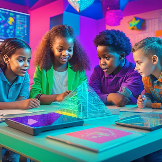 Illustrate a vibrant, futuristic classroom with 3rd-grade students gathered around tablets, laptops, and desktops, surrounded by math symbols, colorful graphs, and 3D shapes, with excited expressions.