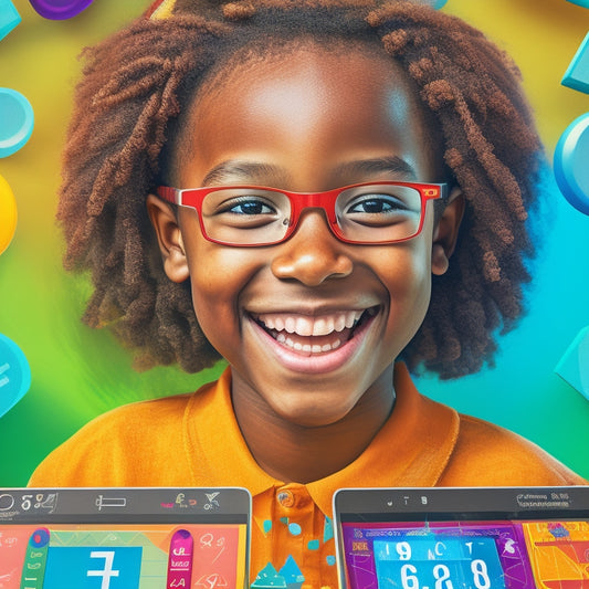 A colorful illustration of a smiling 5th-grade student surrounded by three tablets, each showing a different math game on the screen, with math symbols and shapes floating around in a playful manner.
