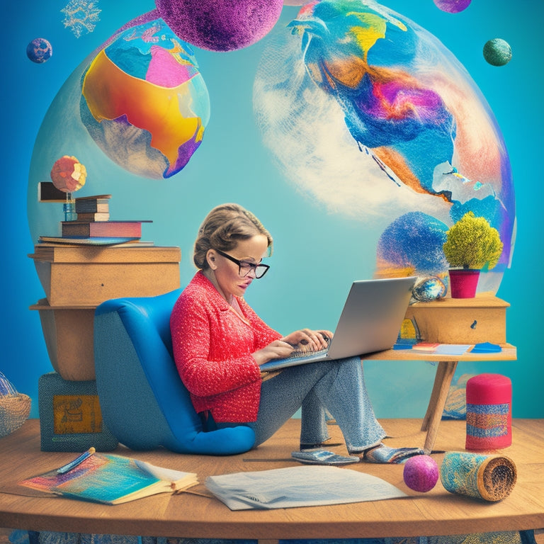 A colorful illustration of a homeschooling parent sitting at a desk surrounded by laptops, tablets, and a globe, with mathematical symbols and formulas swirling around them in a creative, whimsical way.