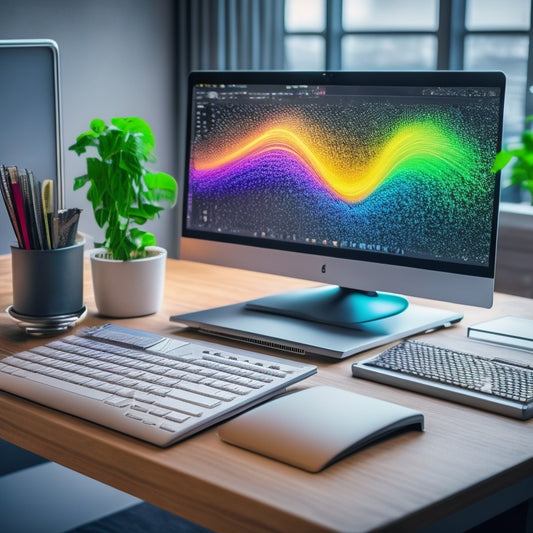 A futuristic, minimalist desk with a sleek laptop displaying a 3D scatter plot, surrounded by colorful, swirling data streams and subtle math symbols etched into the surface.