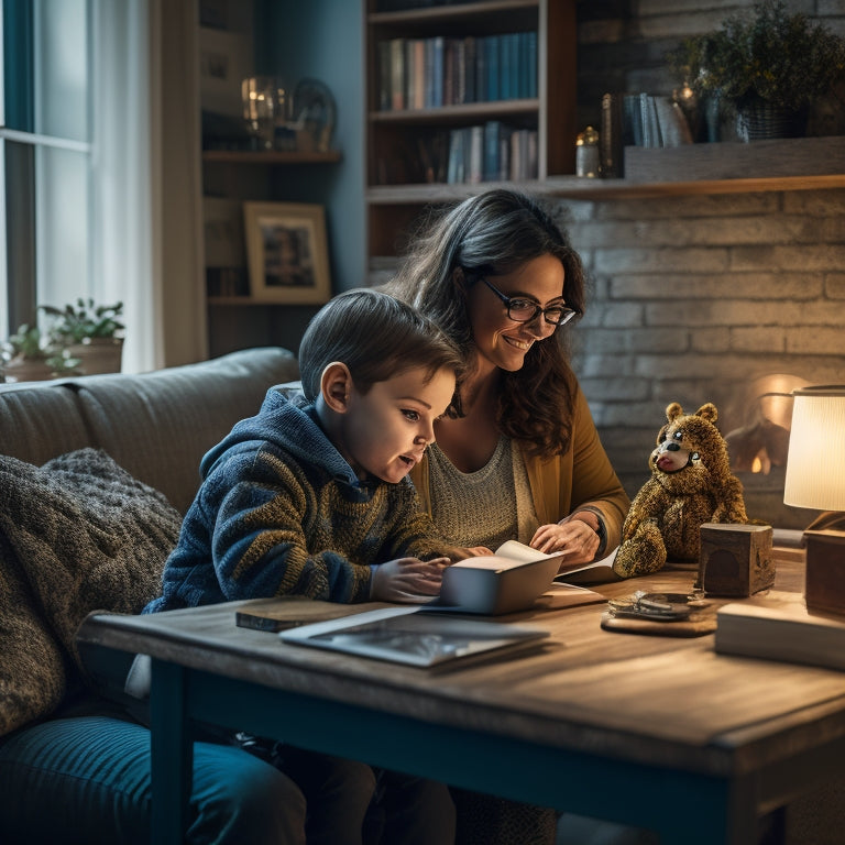 A warm and cozy home study area with a parent sitting beside a child, both gazing at a laptop screen, surrounded by books, notebooks, and a few toys, with a subtle smile on their faces.