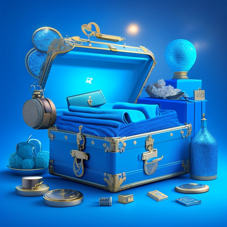 A stylized illustration of a treasure chest overflowing with various business icons (e.g. briefcases, laptops, charts) set against a bright, gradient blue background with subtle sparkles and shine effects.