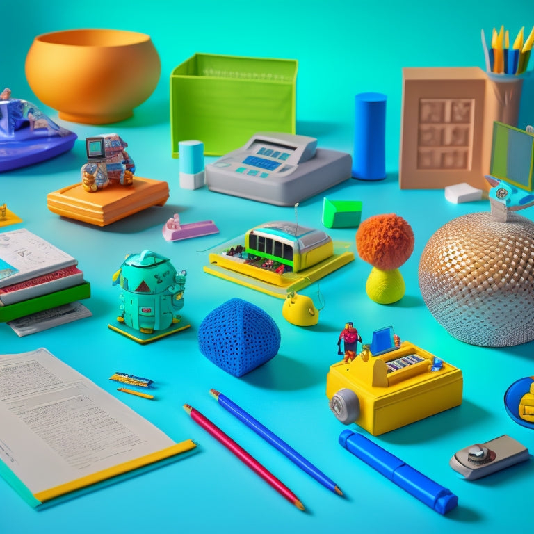 A colorful, clutter-free desk with a diverse group of customized, 3D-printed toys, including a robot, geometric shapes, and a miniature cityscape, surrounded by calculators, pencils, and curious, diverse hands.