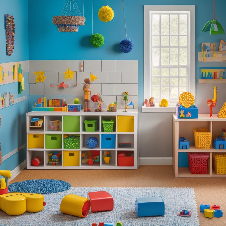 A colorful, clutter-free playroom with varied math-themed toys and tools, such as shape sorters, number lines, and pattern blocks, arranged to encourage exploration and creativity.