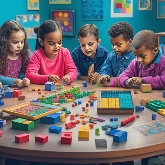 A colorful illustration featuring a diverse group of autistic children engaged in various math activities, surrounded by visual aids, manipulatives, and assistive technology.