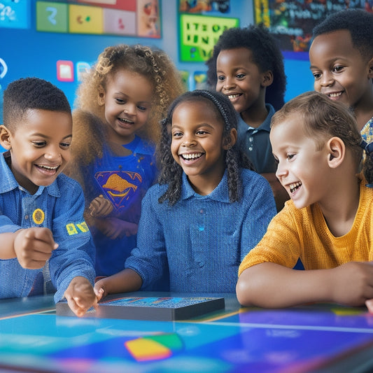 An illustration of a smiling, diverse group of elementary school-aged children gathered around a large, interactive touchscreen table, surrounded by colorful math-themed icons and virtual manipulatives.