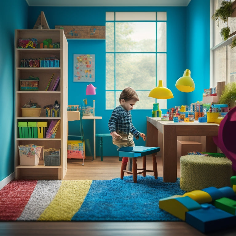 A colorful, clutter-free playroom with a curious child surrounded by a mix of wooden blocks, puzzles, art supplies, and a kid-friendly microscope, with warm, soft lighting and a subtle hint of curiosity.