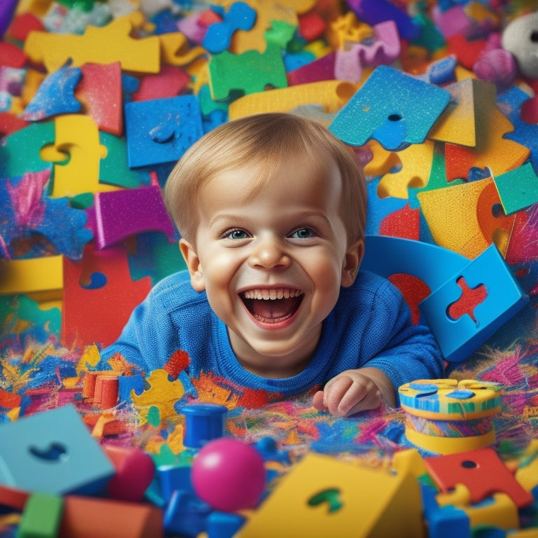 A colorful, whimsical illustration of a giant jigsaw puzzle pieces forming a smiling child's face, surrounded by scattered puzzle pieces, toys, and building blocks in a messy playroom setting.