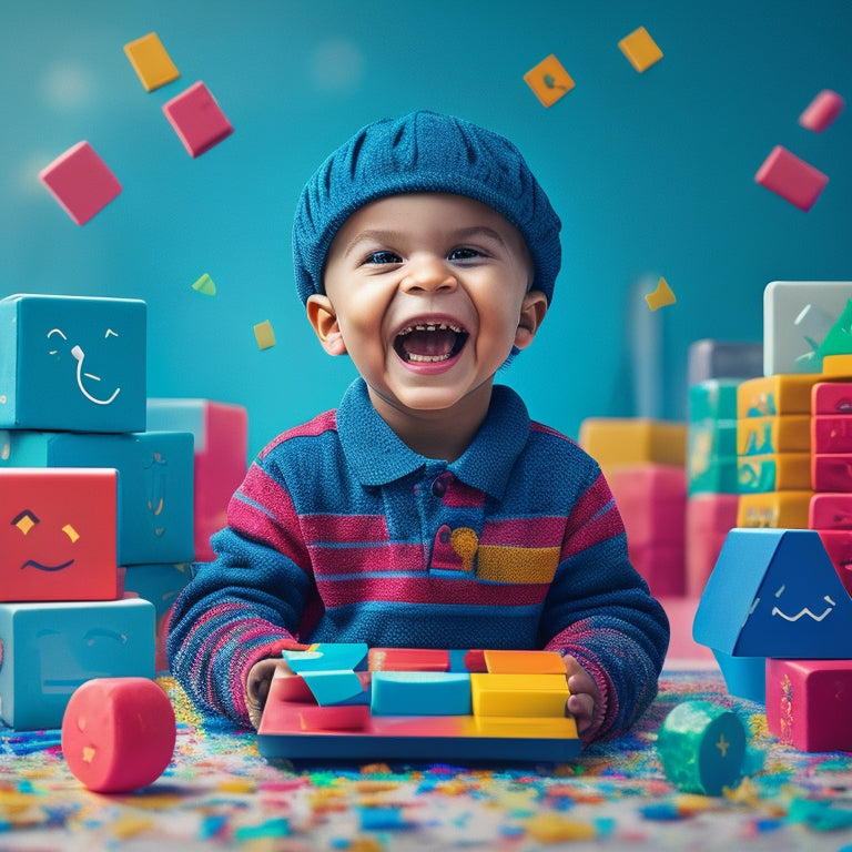 A cheerful, colorful illustration of a kindergarten-aged child sitting at a tablet, surrounded by floating alphabet blocks, smiling emoji, and confetti, with a subtle cityscape or classroom background.