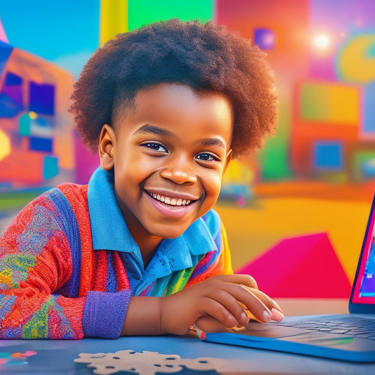 A vibrant, colorful illustration of a smiling 4th-grade student sitting in front of a laptop, surrounded by puzzle pieces, brain teasers, and geometric shapes, with a cityscape or futuristic background.
