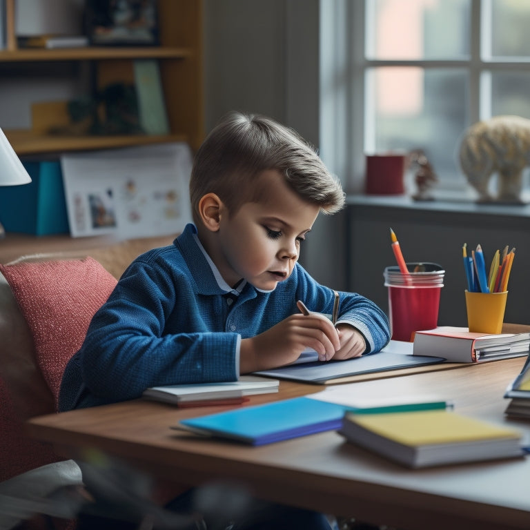 A serene, clutter-free desk with a laptop, surrounded by colorful math textbooks, a few sharpened pencils, and a happy, thinking child in the background, gazing up at a tablet.