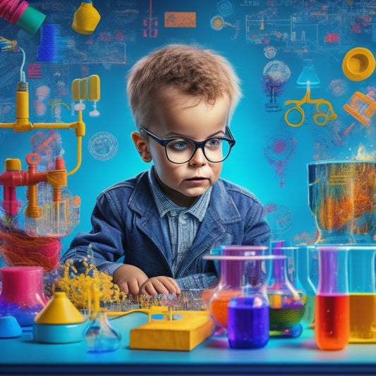 A colorful illustration of a curious child surrounded by vibrant math and science symbols, beakers, gears, and robotics, with a subtle background of formulas and circuit boards.