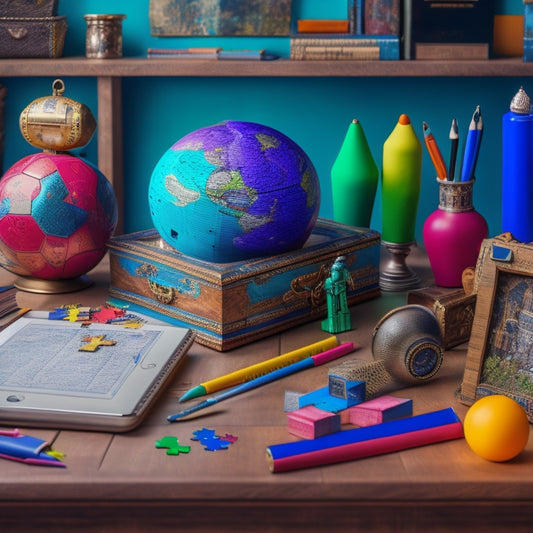 A colorful, clutter-free desk with a wooden treasure chest overflowing with diverse teaching tools: puzzle pieces, a globe, a tablet, colorful pens, a stack of books, and a curious robot peeking out.