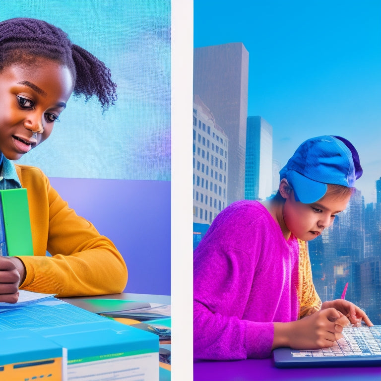 A colorful background with a split-screen design: on one side, a frustrated 8th grader surrounded by scattered math worksheets and pencils, and on the other, a happy student playing a math game on a tablet with a cityscape or futuristic background.