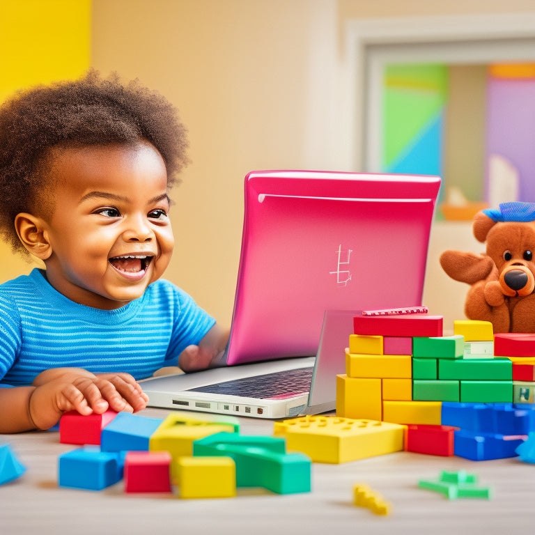 A colorful illustration of a happy preschooler sitting in front of a laptop, surrounded by blocks, toys, and math manipulatives, with a subtle background of math symbols and shapes.