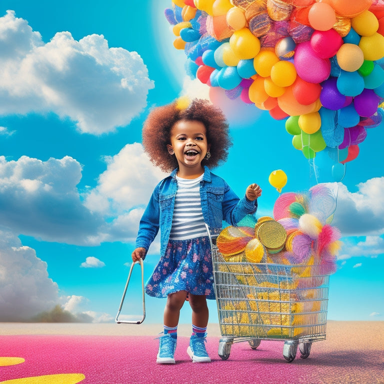 A vibrant illustration of a smiling child surrounded by colorful coins, piggy banks, and a miniature shopping cart, amidst a backdrop of a bright, sunny day with fluffy white clouds.