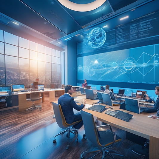 A futuristic virtual classroom with 3D algebra graphs, equations, and formulas floating in mid-air, surrounded by VR headsets, laptops, and tablets, with a subtle STEM-inspired background pattern.