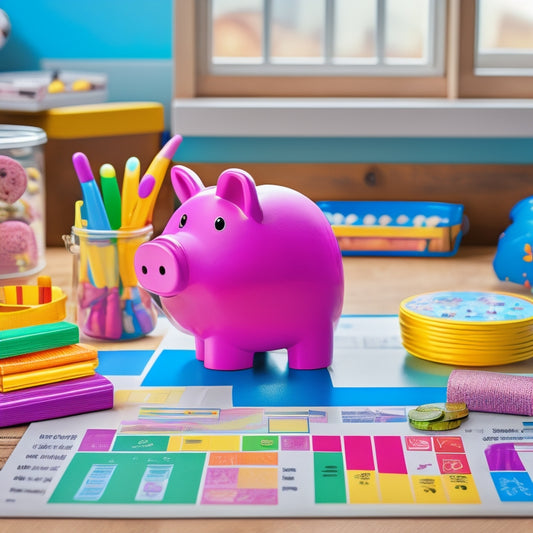 A colorful worksheet with a toy theme, featuring a smiling cartoon piggy bank and coins, surrounded by fun illustrations of toys and games, with blank columns and rows for kids to fill in.