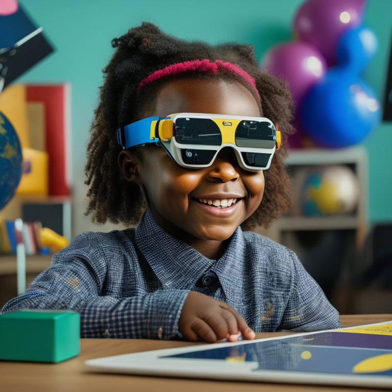 A colorful, futuristic classroom scene: a smiling child wearing VR goggles, surrounded by 3D math problems and shapes, with a virtual globe and calculator floating nearby, amidst a subtle grid of coding lines.