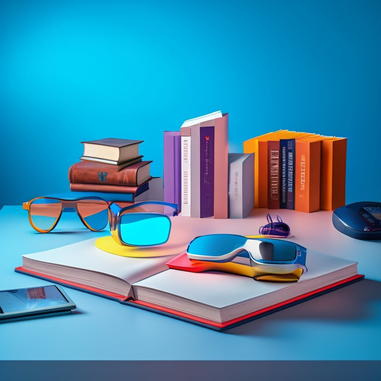 A futuristic, minimalist desk with a tablet, VR headset, and 3D glasses surrounded by scattered books, highlighting the fusion of traditional reading with innovative STEM tools.