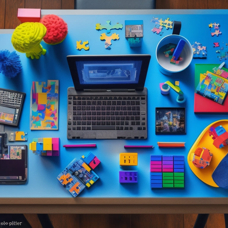 A colorful, clutter-free desk with a tablet, laptop, and several educational toys, including building blocks, a robot, and a microscope, surrounded by scattered puzzle pieces and a subtle background of a child's drawing.