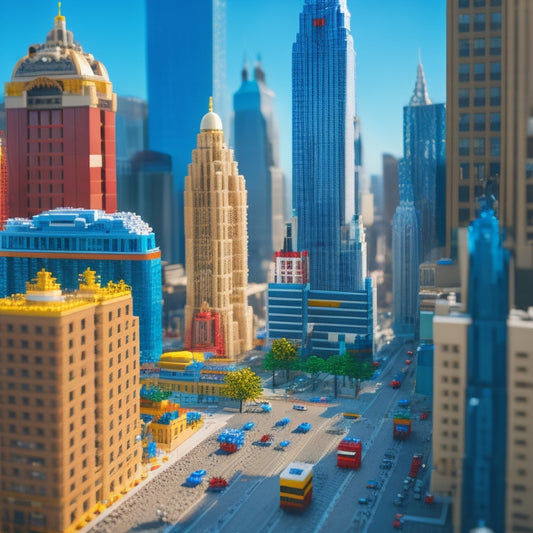 A vibrant, sprawling metropolis built entirely from LEGO bricks, with towering skyscrapers, winding roads, and bustling minifigures, set against a bright blue sky with fluffy white clouds.