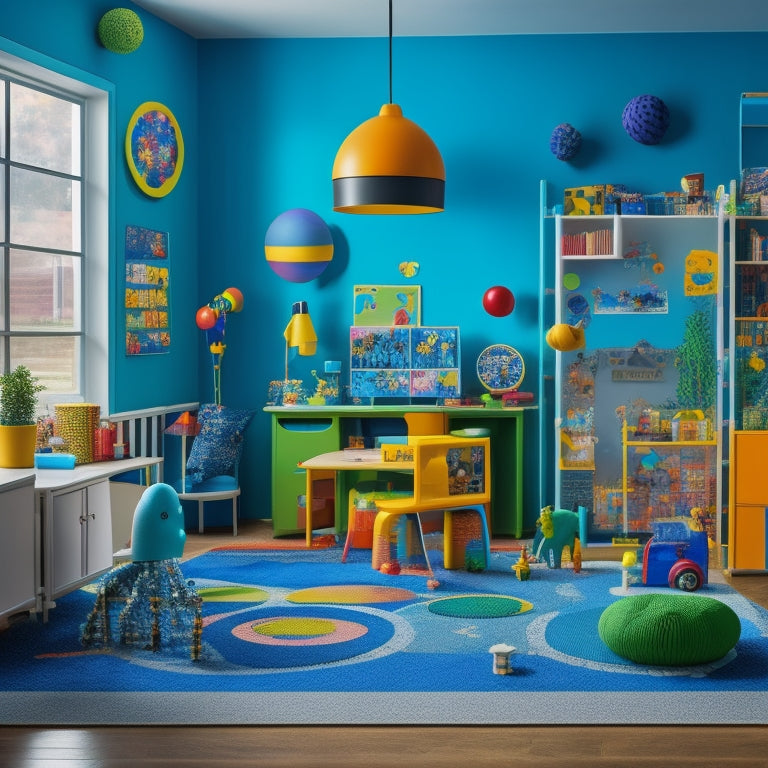 A colorful, clutter-free playroom with various STEM toys scattered around, including a kid-friendly robot, a magnetic tile structure, a microscope, and a solar system model, all surrounded by curious, diverse kids.