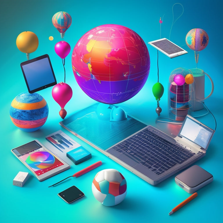 A colorful digital illustration of a globe surrounded by diverse devices (laptops, tablets, smartphones) with math-related icons (equations, graphs, geometric shapes) and subtle lightbulbs above, symbolizing learning and discovery.