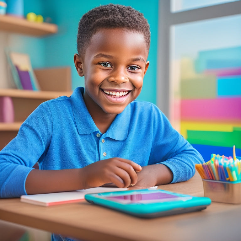 An illustration of a smiling 5th grader sitting at a desk, surrounded by math worksheets and pencils, with a tablet in front of them displaying a colorful math learning app, set against a bright and cheerful background.