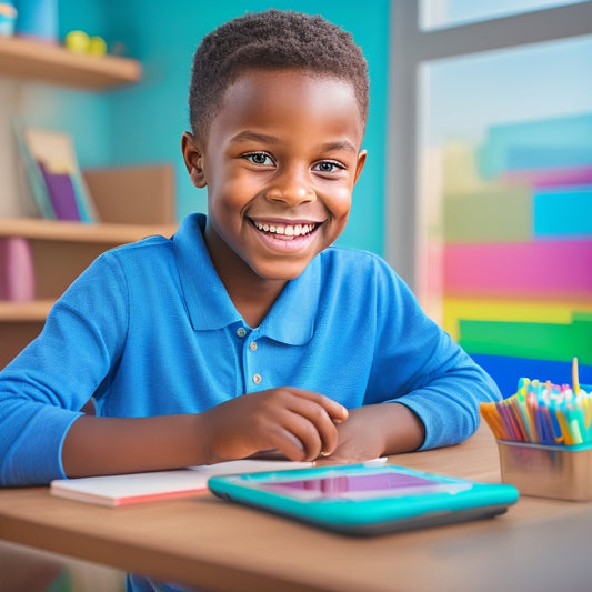 An illustration of a smiling 5th grader sitting at a desk, surrounded by math worksheets and pencils, with a tablet in front of them displaying a colorful math learning app, set against a bright and cheerful background.