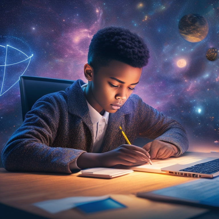 An illustration of a gifted student surrounded by glowing, swirling math symbols and formulas, with a laptop and tablet nearby, amidst a subtle, starry night sky background.