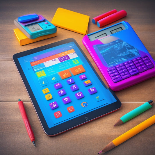 A colorful illustration of a tablet with a split-screen display, showcasing various math-related icons and graphics, surrounded by pencils, calculators, and a subtle background of math problems.