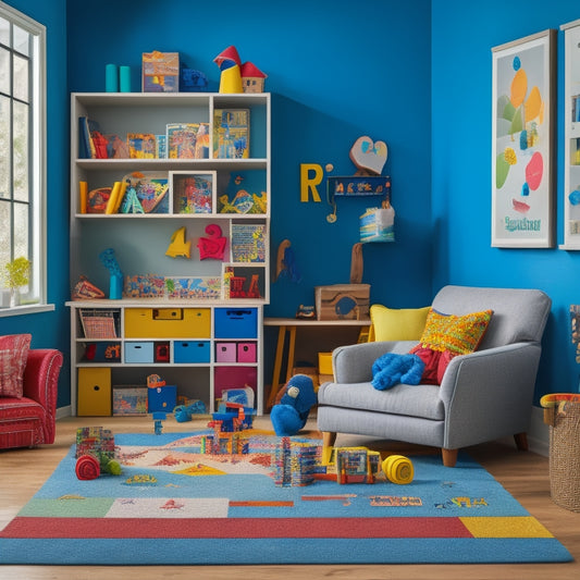 A colorful, clutter-free playroom with a happy child surrounded by educational toys, including a wooden puzzle, building blocks, and a kid-friendly microscope, with a subtle background of bookshelves and a growth chart.