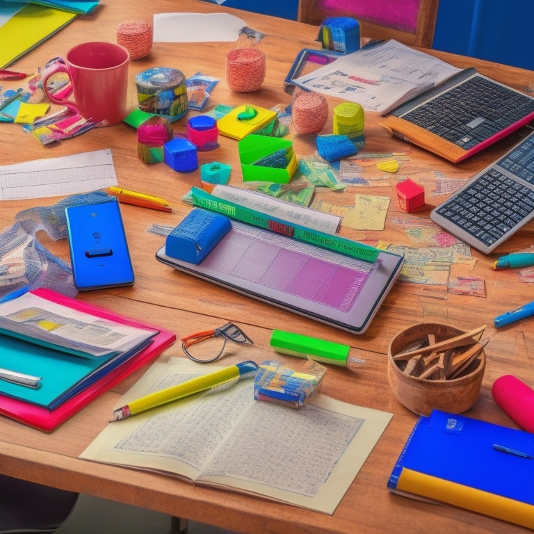 A cluttered desk with open math textbooks, scattered papers, and a laptop in the center, surrounded by colorful pens, a calculator, and a few crumpled up sheets of paper.