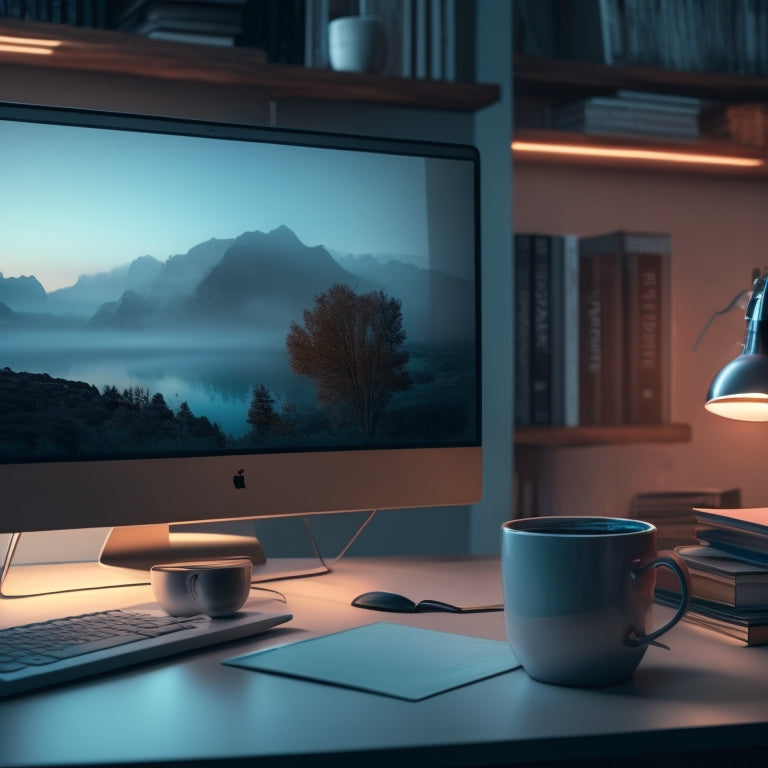 A futuristic, minimalist desktop with a large, glowing screen displaying a webpage with interactive reading comprehension tools, surrounded by scattered books, glasses, and a steaming cup of coffee.