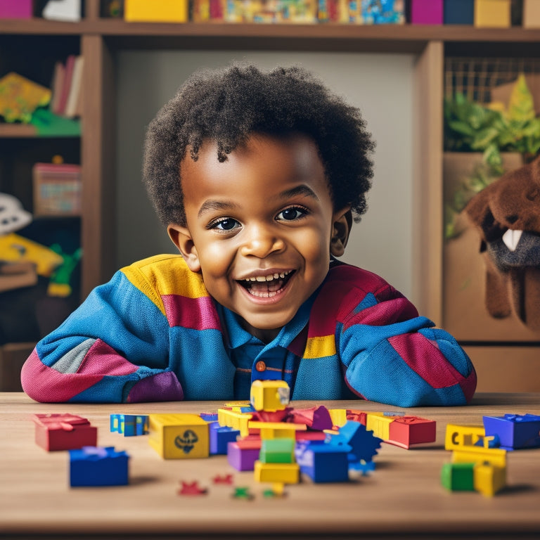 An illustration of a curious, smiling child (ages 6-8) sitting at a wooden desk, surrounded by scattered puzzle pieces, colorful blocks, and a partially solved Rubik's Cube, with a thought bubble above their head.