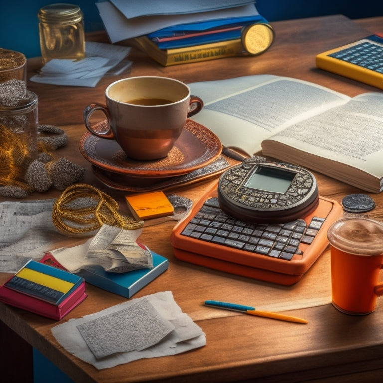 A cluttered desk with scattered math books, pencils, and a calculator surrounded by crumpled paper and empty coffee cups, with a single, shining gold medal lying on top of a solved math problem.