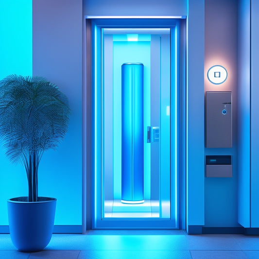 A futuristic, minimalist entrance with a sleek, silver palm scanner mounted on a wall, illuminated by a soft blue glow, surrounded by a blurred, bustling office background.
