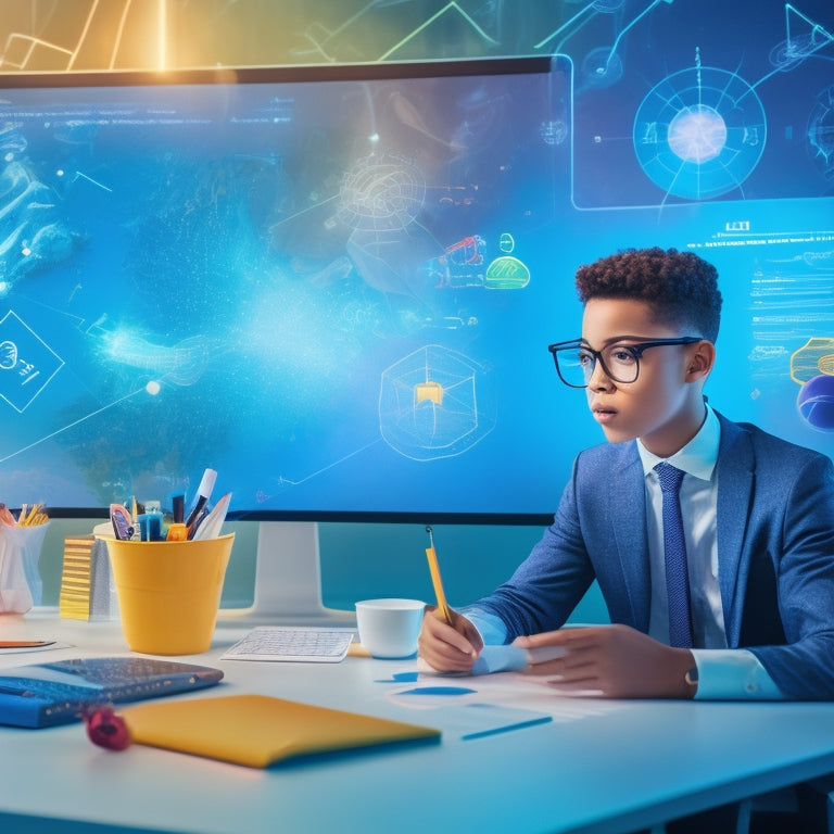 A colorful, futuristic illustration of a young student surrounded by floating math symbols, shapes, and graphs, interacting with a virtual whiteboard and tablet on a futuristic desk.