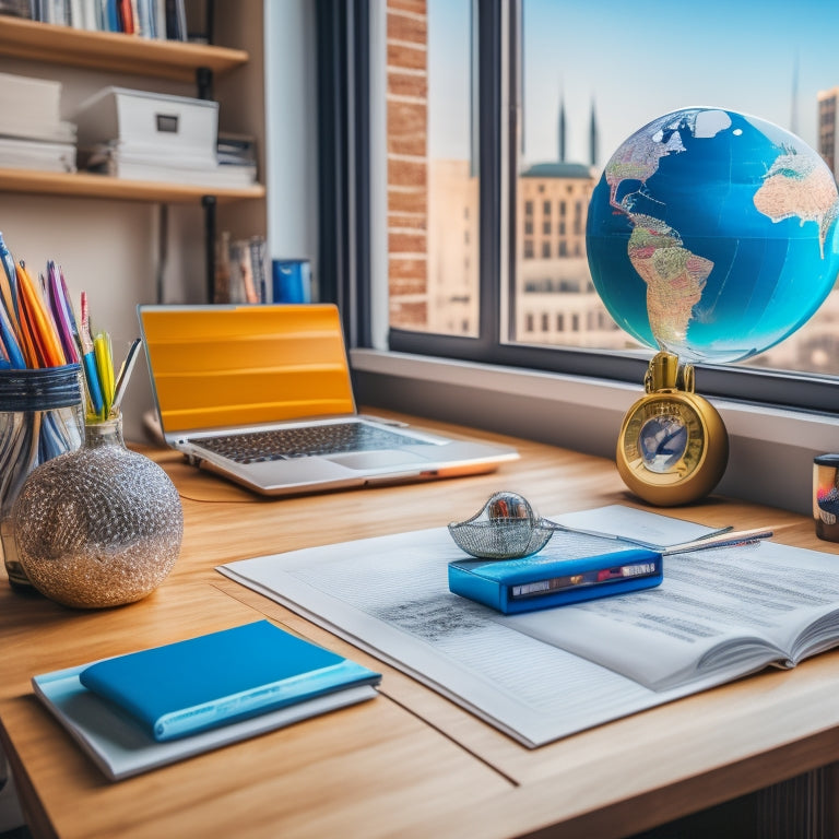 A bright, modern desk with a laptop open to a virtual whiteboard, surrounded by colorful math textbooks, pencils, and a globe, with a subtle cityscape background and a few subtle math equations fading into the atmosphere.