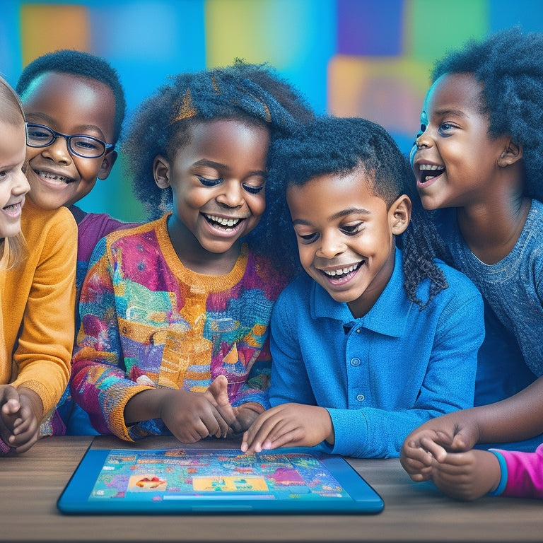 A vibrant, colorful illustration of a diverse group of children aged 6-12, gathered around a large, interactive touchscreen display, laughing and working together to solve math puzzles and games.