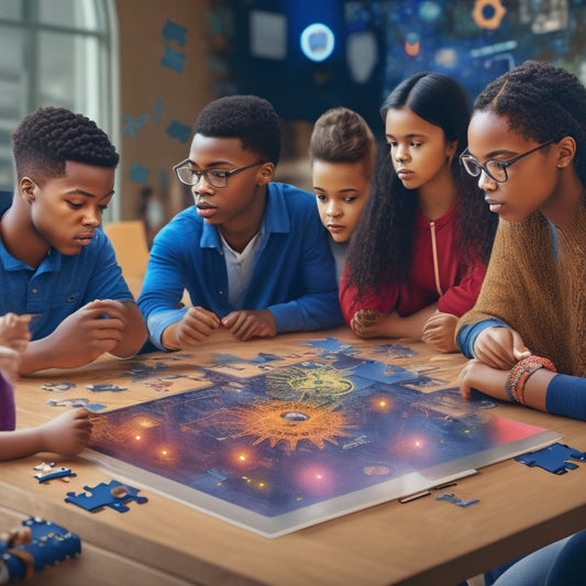 An illustration of a virtual classroom with 5-7 diverse students surrounded by thought bubbles, gears, and puzzle pieces, amidst a subtle background of circuits and digital connections.