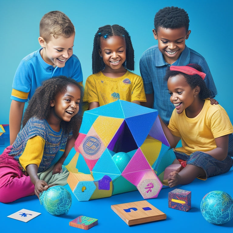 A colorful illustration of a happy, diverse group of kids (ages 6-12) gathered around a large, interactive tablet, surrounded by math-inspired objects like geometric shapes, abacuses, and puzzles.