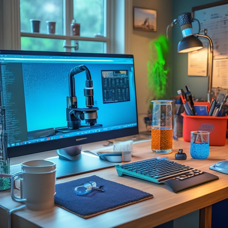 A clutter-free desk with a laptop, a virtual lab simulation on the screen, surrounded by a microscope, beakers, and a periodic table poster, with a subtle science-themed wallpaper in the background.