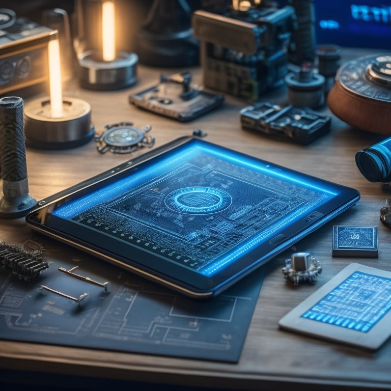 A futuristic tablet lying on a wooden desk, surrounded by scattered math and science symbols, gears, and robot parts, with a subtle grid of circuit boards in the background.